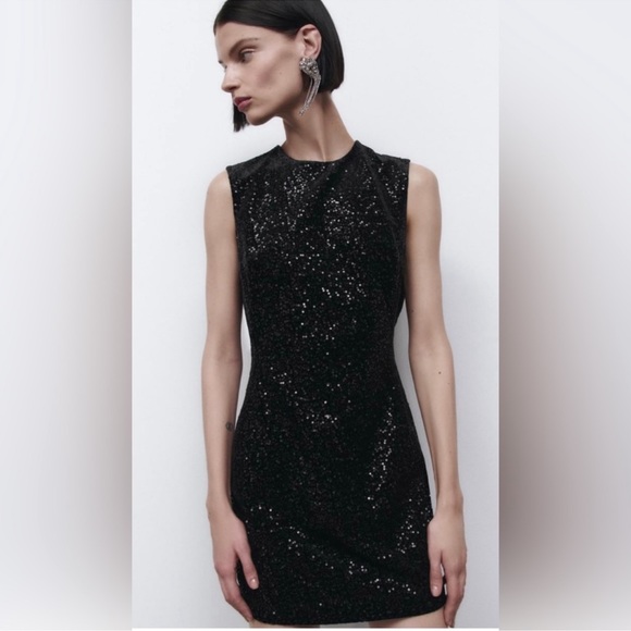 NWT Zara Sequin Black Velvet Mini Dress Size Large - Picture 3 of 14